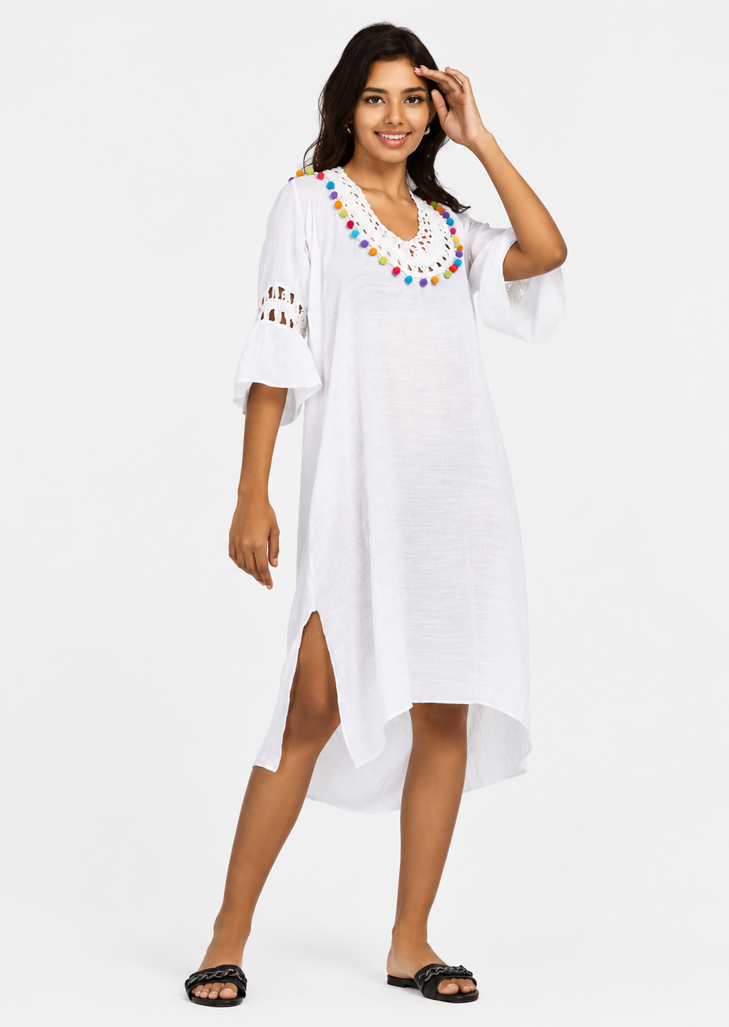 Women's Casual White Bell Sleeve Hollow Out Midi Dress – Pom Pom Cover-Up Dress